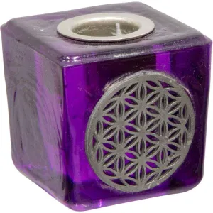 1.25" Mini Glass Candle Holder Cube - Purple Flower of Life