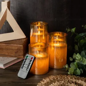 LED Flickering Golden Glass Jar Pillar Candles with Remote (Set of 3)