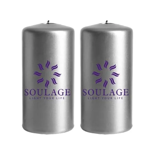 SOULAGE Silver Metallic Pillar Candle Filled with Soy Wax (Set of 2)